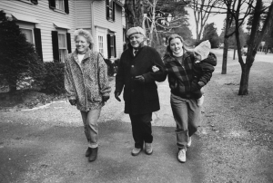 1989 -- Stockbridge, MA: Dr. Donald E. Campbell, model for artist Norman Rockwell's illustrations, smiling, walking arm in arm with his daughters (L) Jeanie Campbell Jones and (R) Bonny Campbell Flower, who holds her daughter Hana. (Photo by Steve Liss/The LIFE Images Collection/Getty Images)